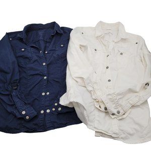 Eddie Bauer set of 2 Womens Snap roll sleeve tops Navy / White Medium